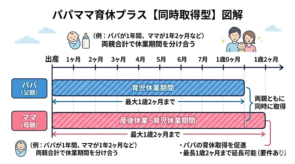 パパママ育休プラス パターン3：同時取得の図解